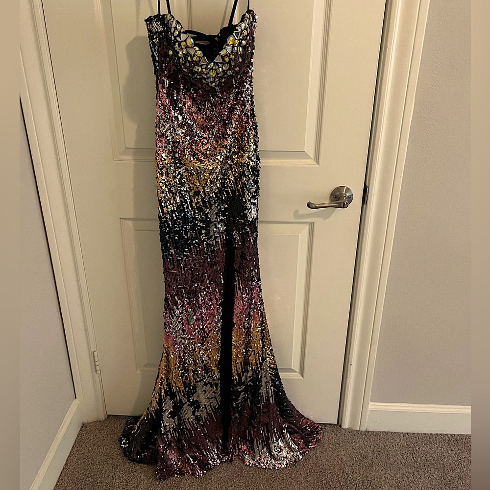 MoriLee women’s designer full length sequin strapless dress/gown
